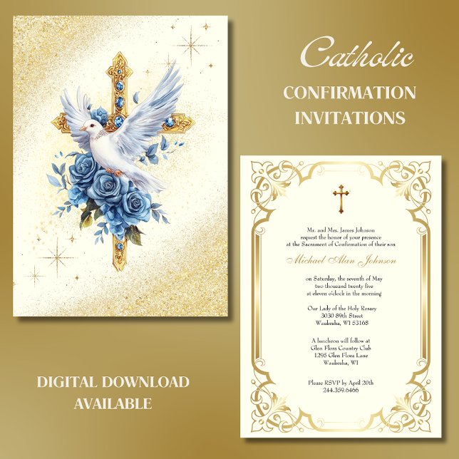 Invitation Elégant Gold Dove Bleu Roses Baptême (Créateur téléchargé)