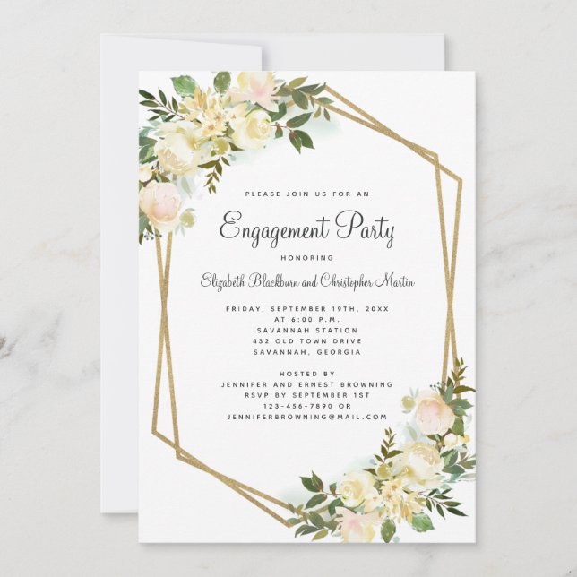 Invitation Élégant Gold Engagement Mariage Floral Blanc (Devant)
