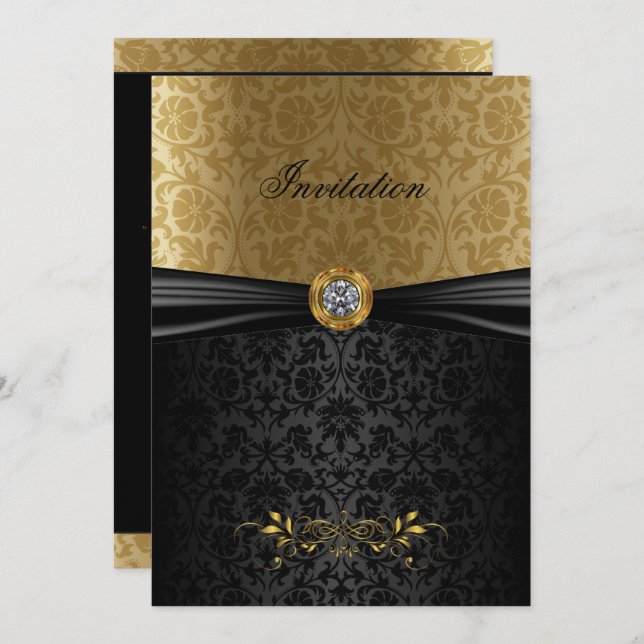 Invitation Elegant Gold et Black Damask (Devant / Derrière)