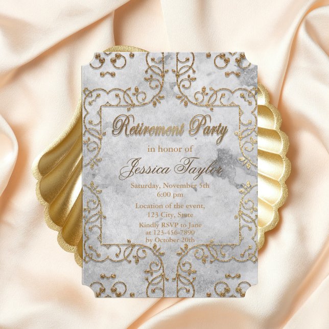 Invitation Élégant Gold et Grey Ornate Retraite Party (Créateur téléchargé)