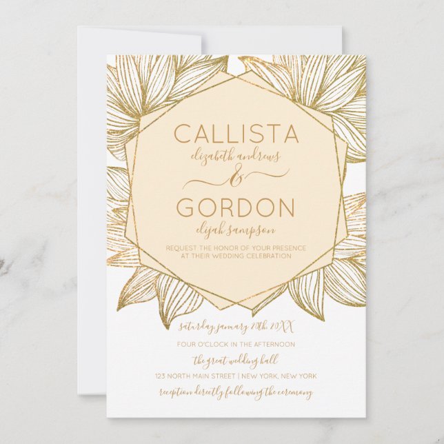 Invitation Elégant Gold Floral Hexagon Terrarium Mariage (Devant)