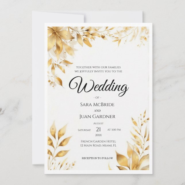 Invitation Elegant Gold Floral Wedding (Devant)