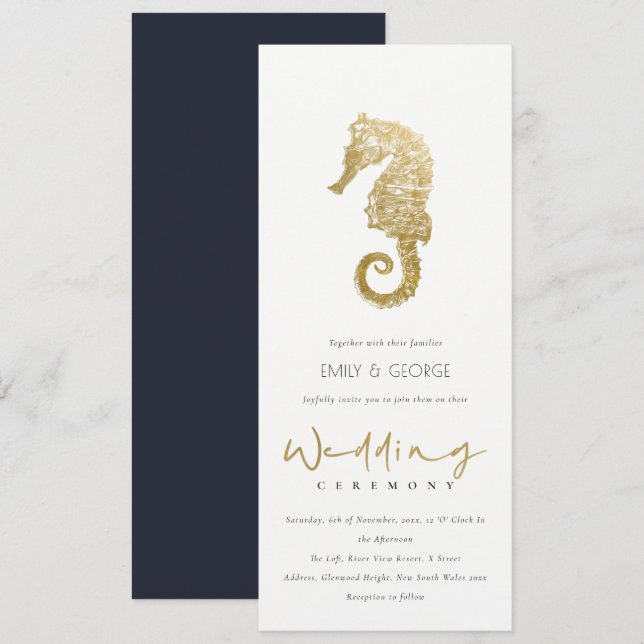 INVITATION ELÉGANT GOLD FOIL NAVY SEAHORSE (Devant / Derrière)