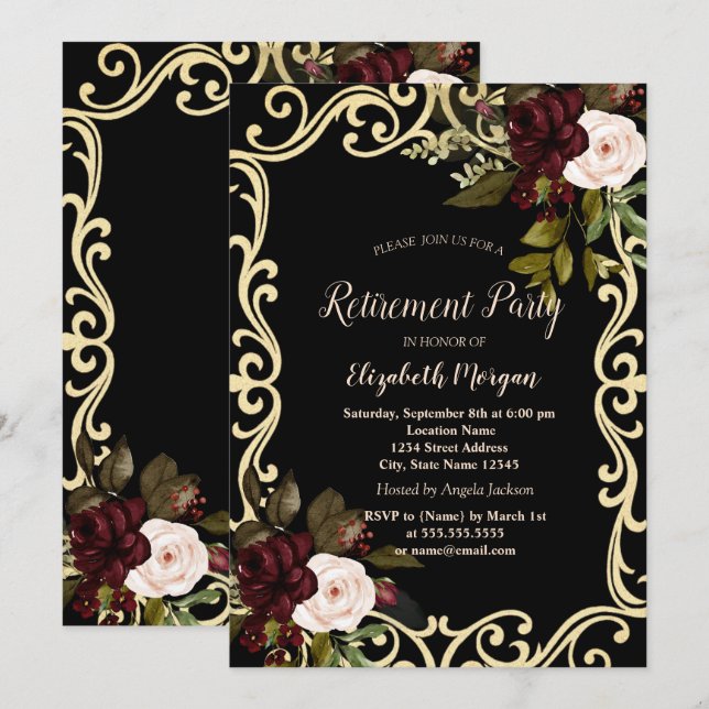 Invitation Elegant Gold Frame Burgundy Roses Black Retirement (Devant / Derrière)