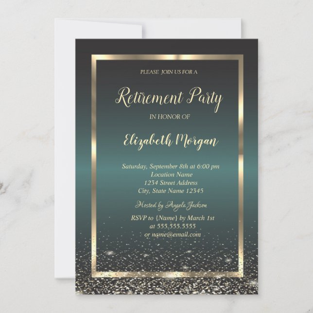 Invitation Elegant Gold Frame Confetti Dark Green Retirement  (Devant)
