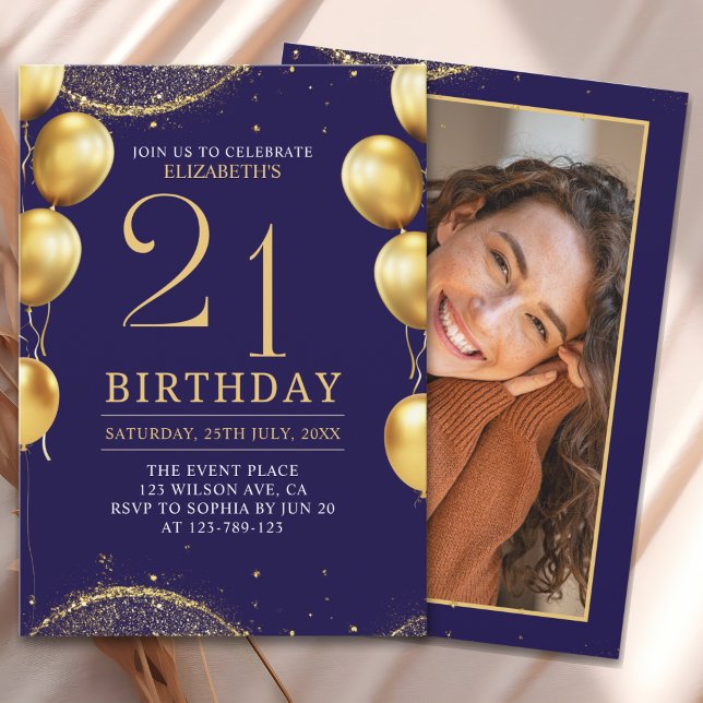 Invitation Elegant Gold Glitter Birthday 21th with Balloons (Créateur téléchargé)