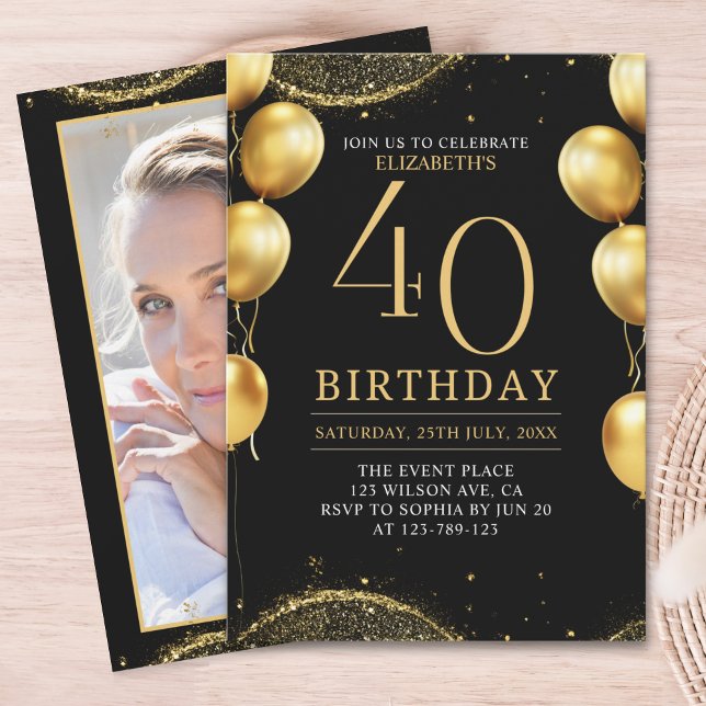 Invitation Elegant Gold Glitter Birthday 40th with Balloons (Créateur téléchargé)