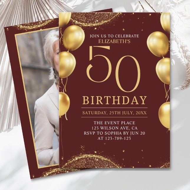 Invitation Elegant Gold Glitter Birthday 50th with Balloons (Créateur téléchargé)