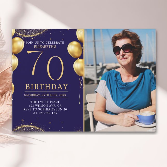Invitation Elegant Gold Glitter Birthday 70th With Photo (Créateur téléchargé)