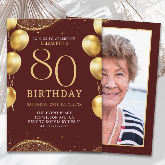 Invitation  Elegant Gold Glitter Birthday 80th with Ballons (Créateur téléchargé)