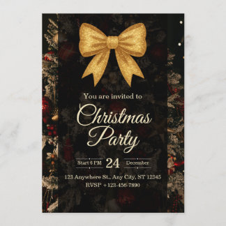 Invitation Elegant Gold Glitter Bow Dark Christmas Party