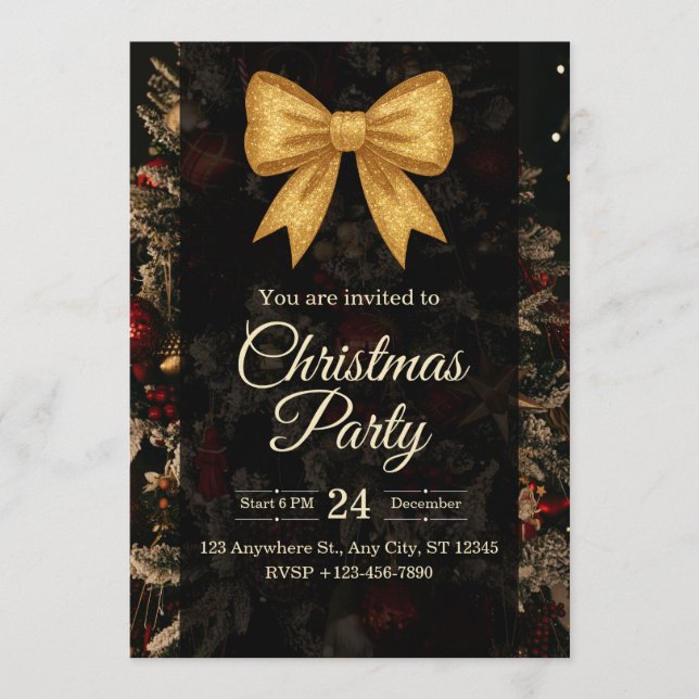Invitation Elegant Gold Glitter Bow Dark Christmas Party (Devant)
