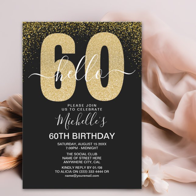 Invitation Elegant Gold Glitter "Hello 60" Birthday  (Créateur téléchargé)