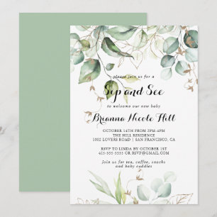 Invitation Elégant Gold Green Calligraphy Sip and See