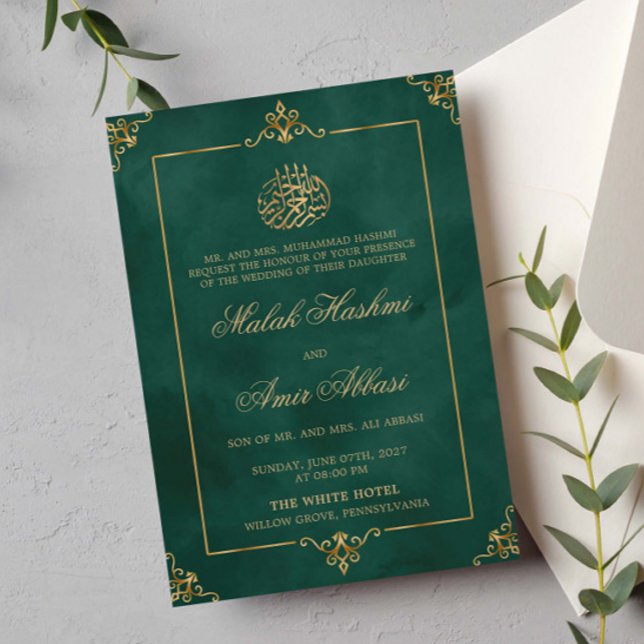 Invitation Elégant Gold Green mariage musulman islamique musu (Créateur téléchargé)