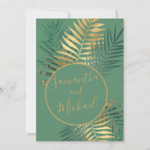 Invitation Elégant Gold & Green Tropical Plante Mariage
