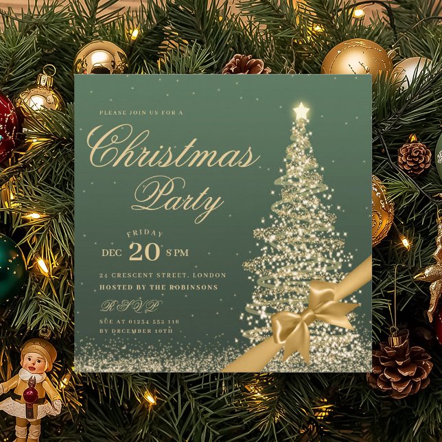 Invitation Elegant Gold Green Winter Christmas Tree Bow  (Elegant Gold Green Winter Christmas Tree Bow Invitation)