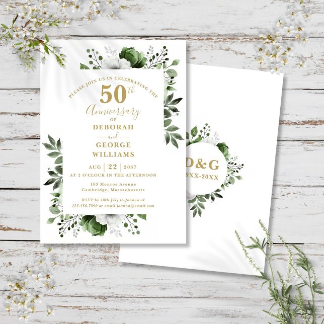 Invitation Elégant Gold Greenery 50e anniversaire Mariage (Elegant Gold Greenery 50th Wedding Anniversary Invitation)