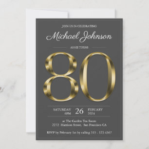 Invitation Elégant Gold Grey 80e fête d'anniversaire