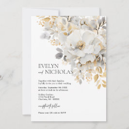 Invitation Elégant Gold Grey Gold Floral Wash code QR