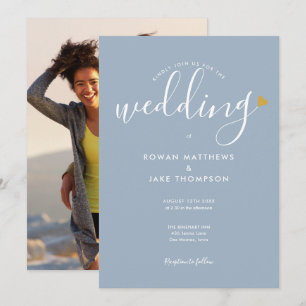 Invitation Elégant Gold Heart Dusty Blue Script Mariage photo