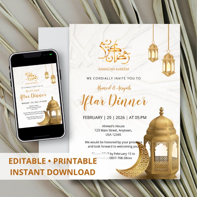 Invitation Elegant Gold Lantern & Crescent Iftar Dinner (Créateur téléchargé)