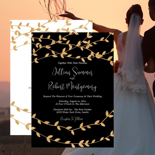 Invitation Elegant Gold Leaves Black and White Wedding (Elegant Gold Leaves Black and White Wedding Invitation with RSVP)