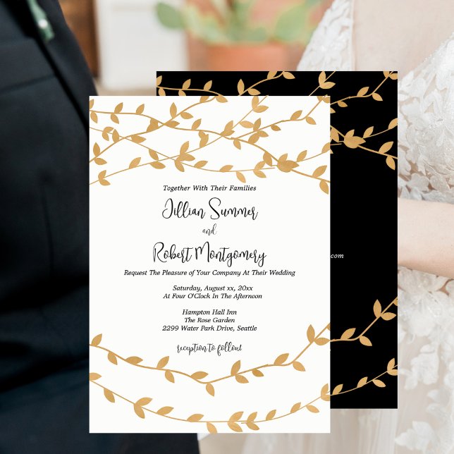 Invitation Elegant Gold Leaves Black White Wedding (Elegant Gold Leaves Black White Wedding Invitation with RSVP)