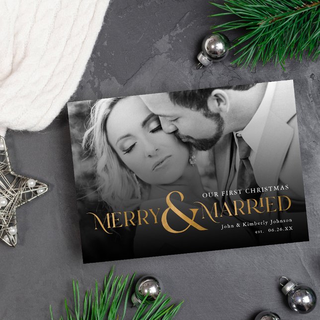 Invitation Elegant Gold Merry et Marié Photo Holiday Card (Créateur téléchargé)