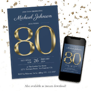 Invitation Elégant Gold Navy Blue Classy 80e fête d'anniversa
