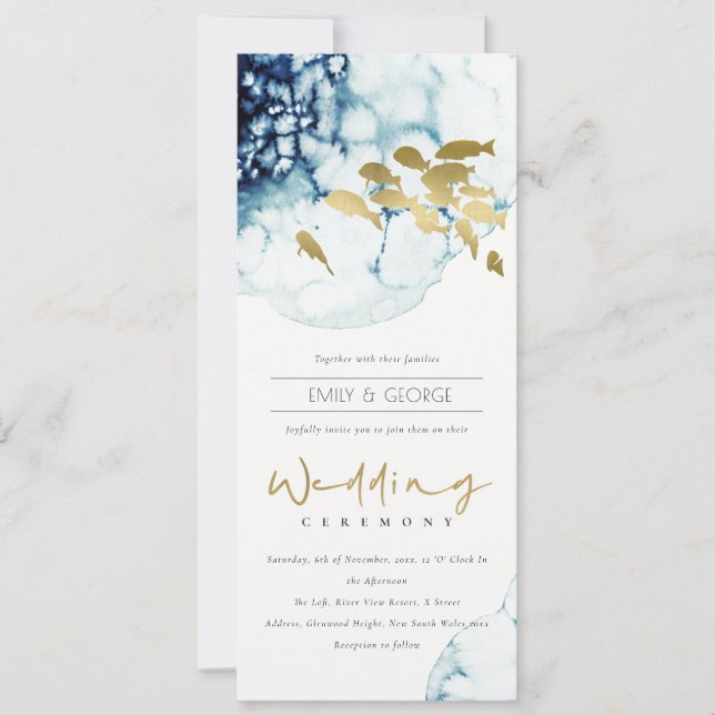 INVITATION ELÉGANT GOLD NAVY SOUS L'EAU MARIAGE POISSON DE ME (Devant)