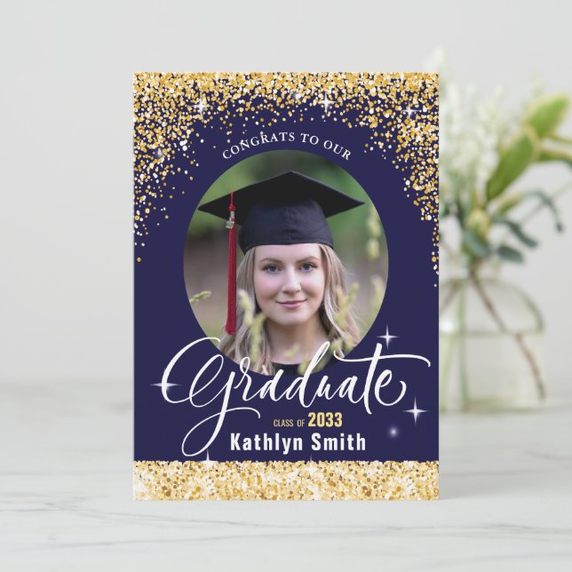 Invitation Elégant Gold Parties scintillant Blue Photo Gradua (Debout devant)