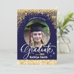Invitation Elégant Gold Parties scintillant Blue Photo Gradua