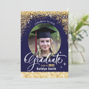 Invitation Elégant Gold Parties scintillant Blue Photo Gradua