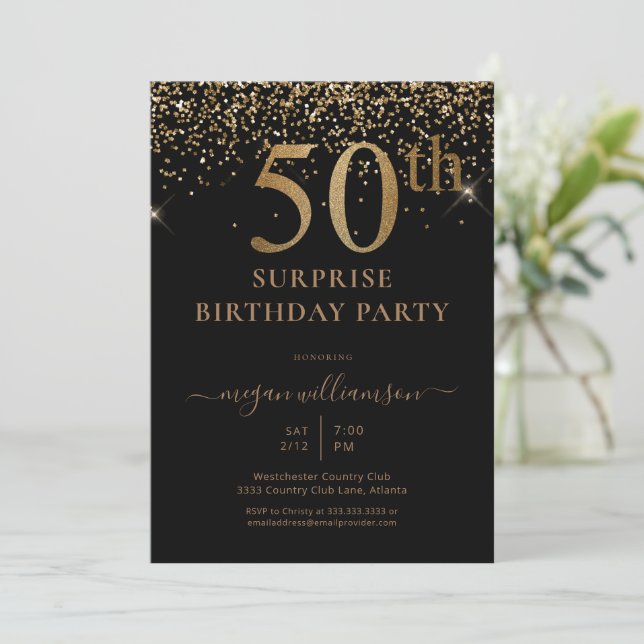 Invitation Elégant Gold Parties scintillant Fun Black 50th Bi (Debout devant)