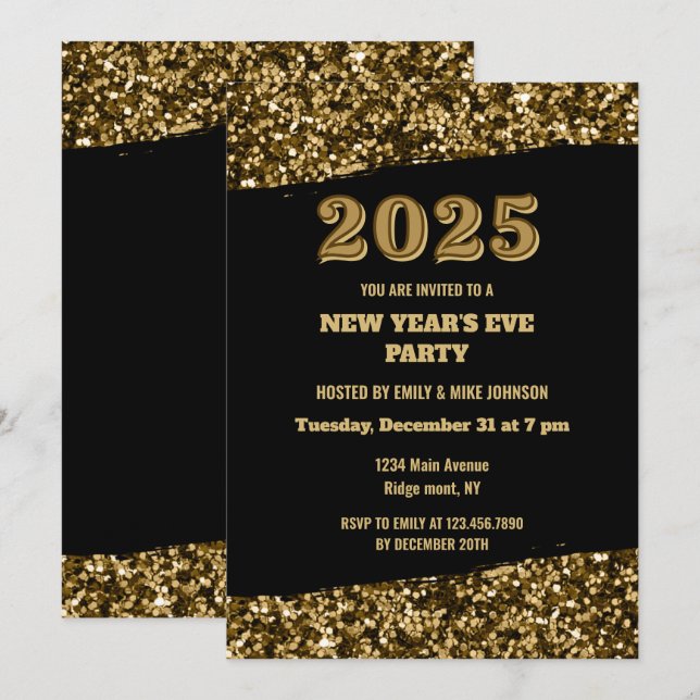 Invitation Elegant Gold Parties scintillant Nouvel An Eve Noi (Devant / Derrière)