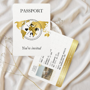 Invitation Elégant Gold Passport Destination Mariage Photo