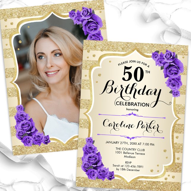 Invitation Elégant Gold Purple Photo 50e anniversaire (Créateur téléchargé)