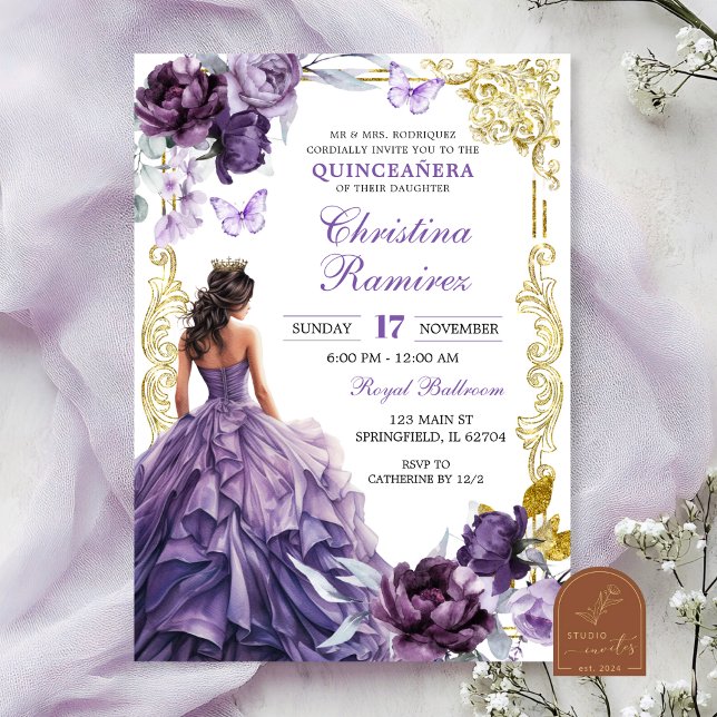 Invitation Elegant Gold Purple Princess Quinceanera (Créateur téléchargé)