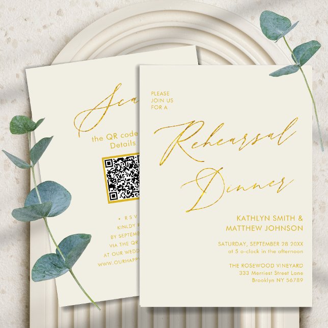 Invitation Élégant Gold Script Cream Rehearsal Dinner Code QR (Créateur téléchargé)