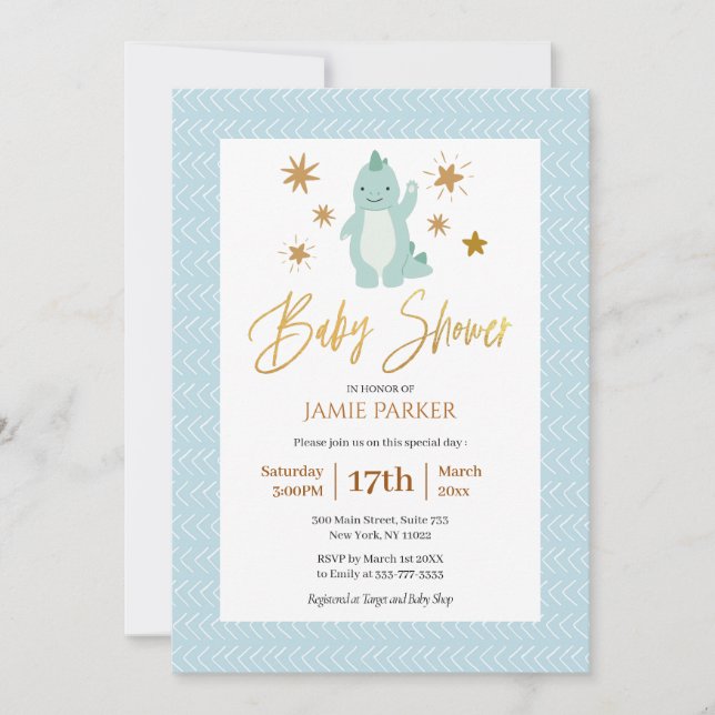 Invitation Élégant Gold Script Cute Blue Dinosaur Baby shower (Devant)