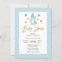 Élégant Gold Script Cute Blue Dinosaur Baby shower