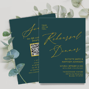 Invitation Élégant Gold Script Green Rehearsal Dinner Code QR