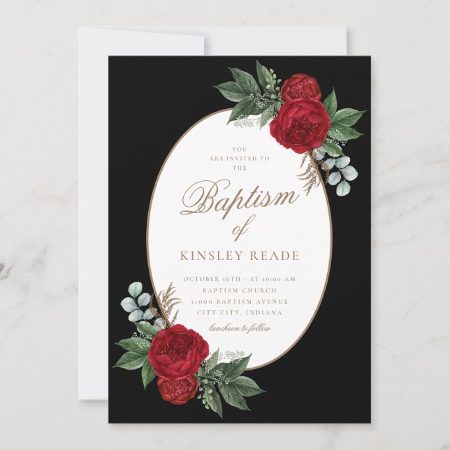 Invitation Élégant Gold Script Peonies rouges Baptême (Devant)
