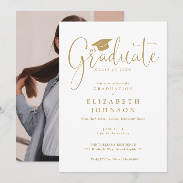Invitation Elégant Gold Script Photo Graduation Party (Devant / Derrière)