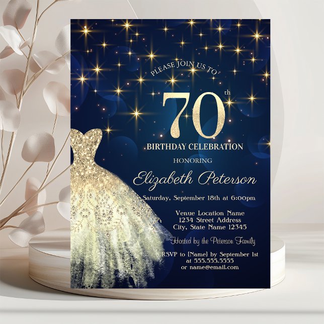 Invitation Elégant Gold Stars habiller Marine bleu 70e annive (Créateur téléchargé)