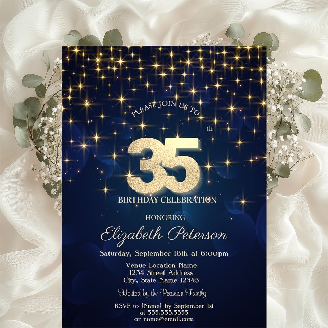 Invitation Elégant Gold Stars Marine Blue 35e anniversaire fê (Créateur téléchargé)