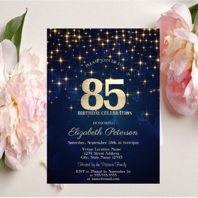 Invitation Elégant Gold Stars Marine Blue 85e anniversaire fê (Créateur téléchargé)