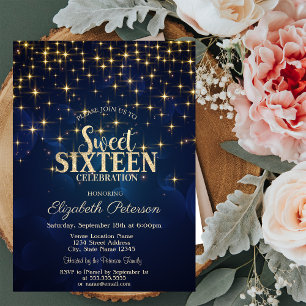 Invitation Elégant Gold Stars Marine Blue Sweet 16