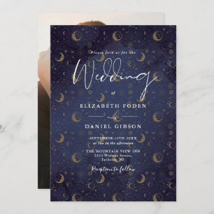 Invitation Elégant Gold Stars Moon Photo Mariage céleste